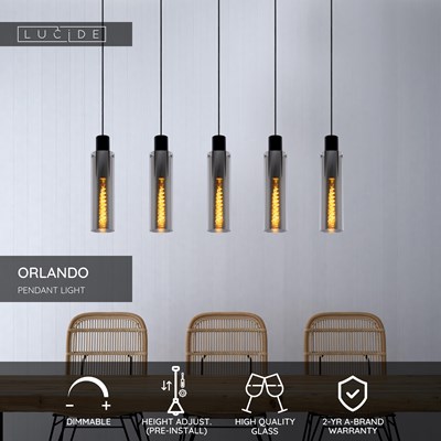 Lucide ORLANDO - Pendant light - 5xE27 - Smoke Grey